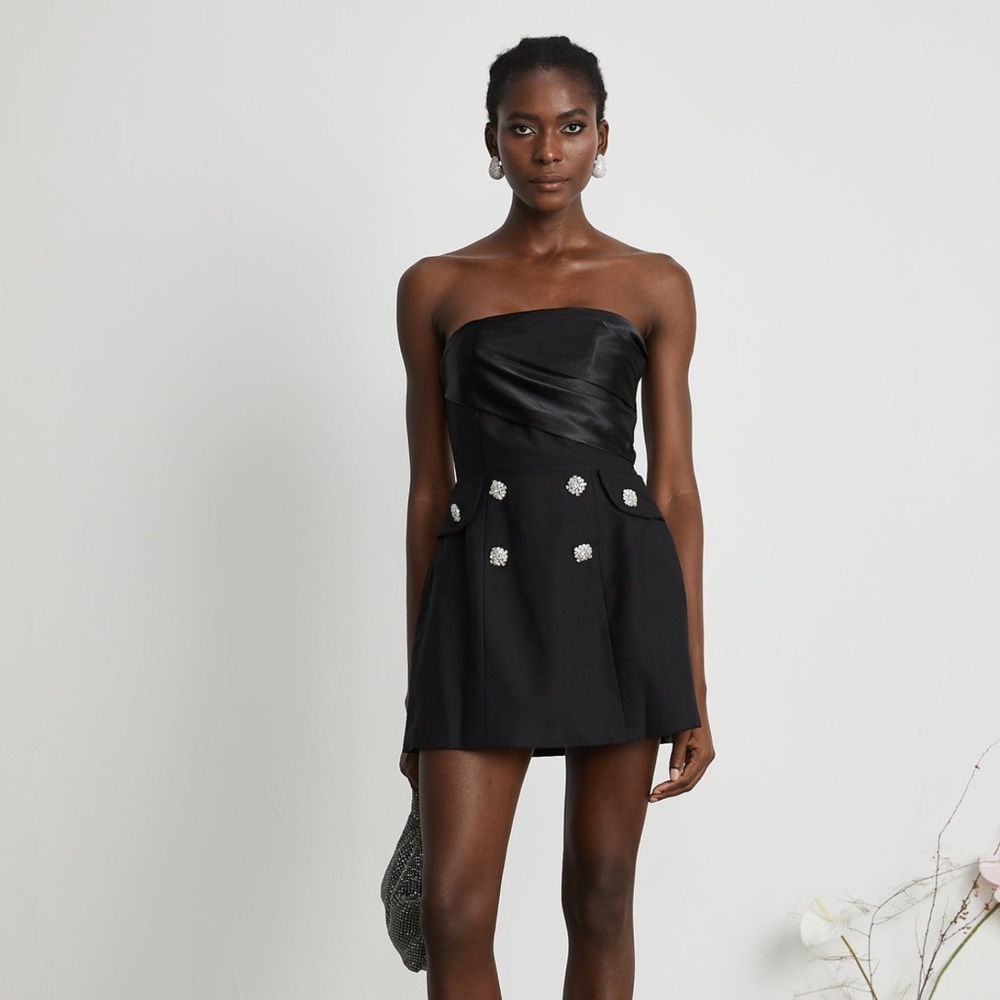 Miss Rosier MEALLA BLACK CRYSTAL-BUTTON FLARED MINI DRESS
